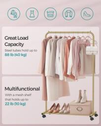 SONGMICS Clothes Rail with Storage Shelf & Lockable Wheels in Gold - thumbnail 3