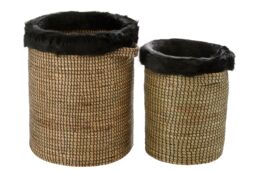 Orsina Bora Set of 2 Seagrass Baskets with Faux Fur Trim in Brown - thumbnail 1