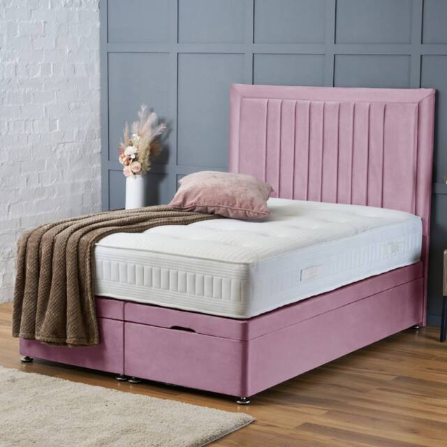 "BSSPOKE Canes Ottoman Divan Bed Plush Velvet 54"" Headboard & Mattress in Pink - Size: King" - image 1