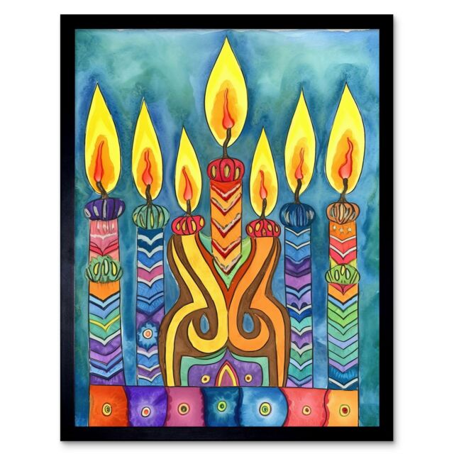 "Artery8 Wall Art Print Jewish Menorah Candle Patterns Folk Art Watercolour Painting Art Framed in Black - Size: W12"" x H16""" - image 1