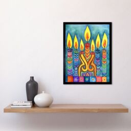 "Artery8 Wall Art Print Jewish Menorah Candle Patterns Folk Art Watercolour Painting Art Framed in Black - Size: W12"" x H16""" - thumbnail 2