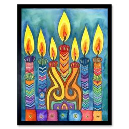 "Artery8 Wall Art Print Jewish Menorah Candle Patterns Folk Art Watercolour Painting Art Framed in Black - Size: W12"" x H16""" - thumbnail 1