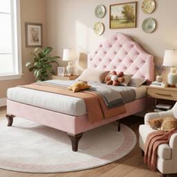 STILVORA Upholstered Bed 3ft Single with Adjustable Headboard Pink - thumbnail 3