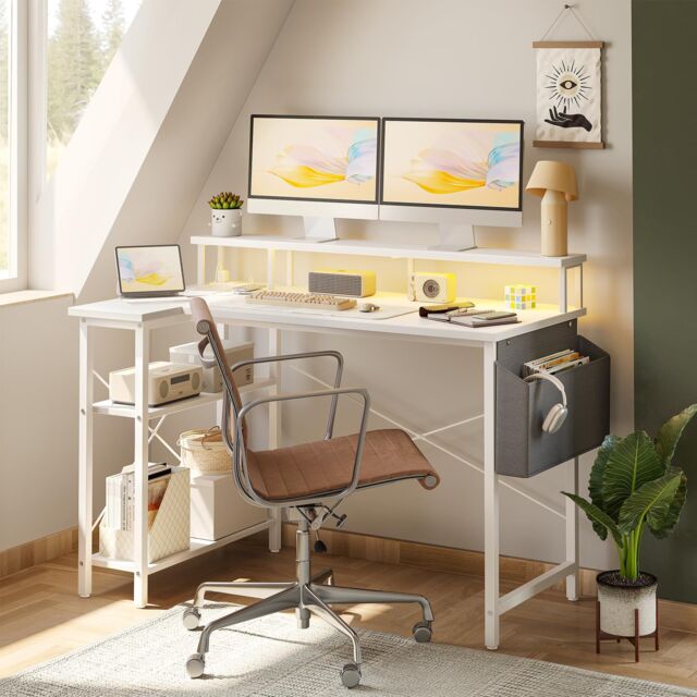 BEXEVUE L-Shaped Computer Gaming Desk with Power Outlets & Shelves 120×70cm in White - Size: 120 cm x 70 cm - image 1