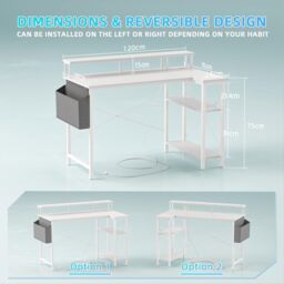 BEXEVUE L-Shaped Computer Gaming Desk with Power Outlets & Shelves 120×70cm in White - Size: 120 cm x 70 cm - thumbnail 5