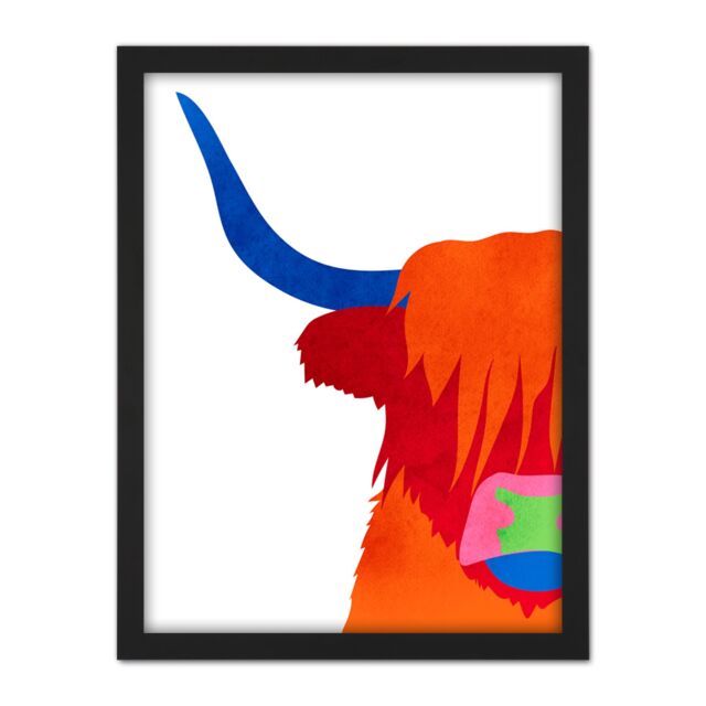 "Artery8 Wall Art Print Bright Highland Scottish Cow Bull Coo Colourful Large Framed Wall Décor Art in White - Size: W18"" x H24""" - image 1