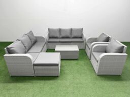 Fimous PE Rattan High Back Lounge Sofa Set Patio Coffee Table & Chairs Set with 3 Seater Sofa Reclining Chair Big Footstool Light Grey - thumbnail 1