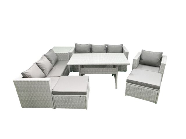 Fimous 8 Pieces Outdoor Rattan Sofa Set with Cushions Patio Garden Furniture Sets with Armchair Dining Table Side Table 2 Big Footstools in Light Grey - image 1