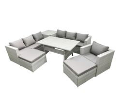 Fimous 8 Pieces Outdoor Rattan Sofa Set with Cushions Patio Garden Furniture Sets with Armchair Dining Table Side Table 2 Big Footstools in Light Grey - thumbnail 2