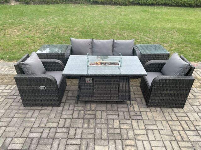 Fimous Outdoor Rattan Garden Furniture Set Propane Gas Fire Pit Table Burner with Lounge Sofa 2 Side Tables in Dark Grey - image 1