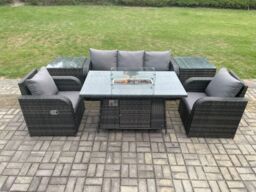 Fimous Outdoor Rattan Garden Furniture Set Propane Gas Fire Pit Table Burner with Lounge Sofa 2 Side Tables in Dark Grey
