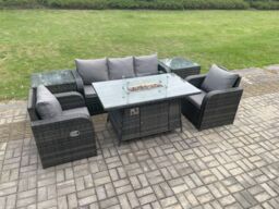 Fimous Outdoor Rattan Garden Furniture Set Propane Gas Fire Pit Table Burner with Lounge Sofa 2 Side Tables in Dark Grey - thumbnail 3