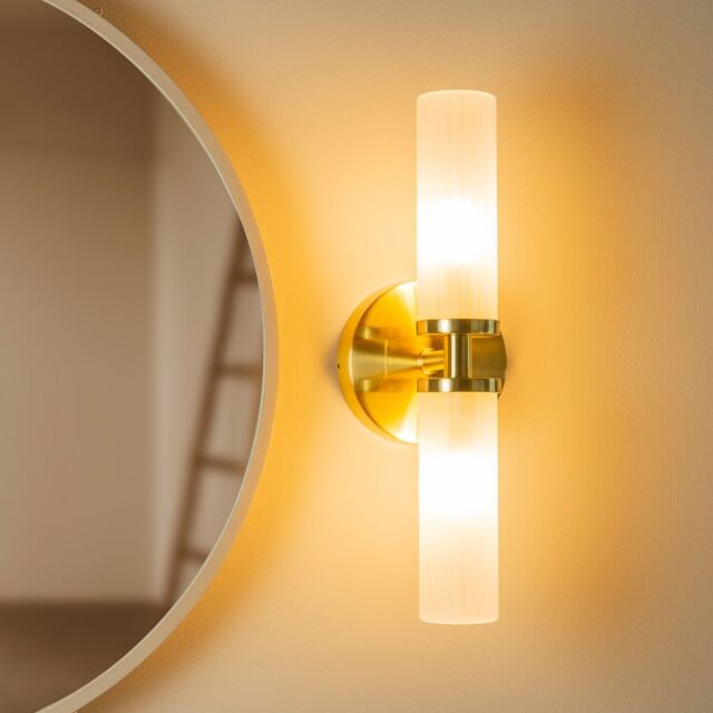 ValueLights Canya Up Down 2 Way IP44 Bathroom Frosted Reeded Glass Wall Light with LED Bulbs in Gold - image 1