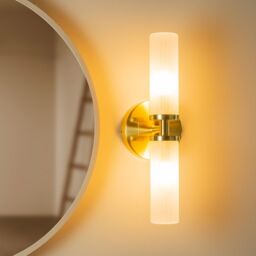 ValueLights Canya Up Down 2 Way IP44 Bathroom Frosted Reeded Glass Wall Light with LED Bulbs in Gold