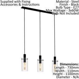 Loops Pendant 3 Bulb Ceiling Light Colour Black Shade Clear Glass Bulb E27 3x60W - thumbnail 2