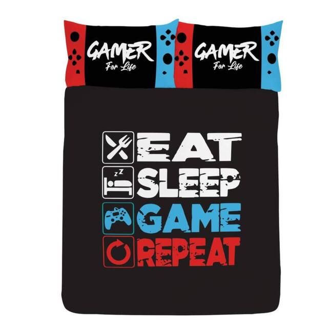 Floso Eat Sleep Game Repeat Reversible Duvet Set in True Black - Size: Single - image 1