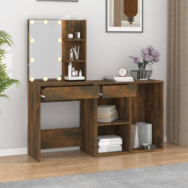 Berkfield Home LED Dressing Table with Cabinet Smoked Oak Engineered Wood in Brown - image 1