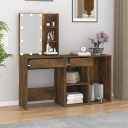 Berkfield Home LED Dressing Table with Cabinet Smoked Oak Engineered Wood in Brown - thumbnail 1