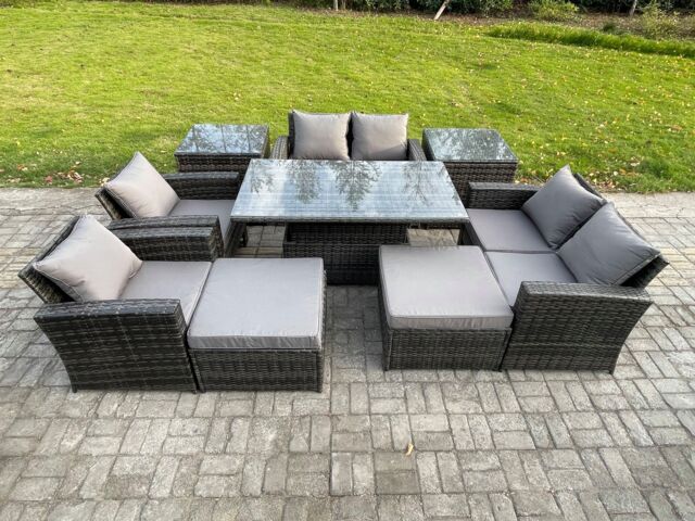 Fimous Outdoor Garden Furniture Sets 9 Pieces Wicker Rattan Furniture Sofa Dining Table Set with 2 Big Footstool 2 Side Tables in Dark Grey
