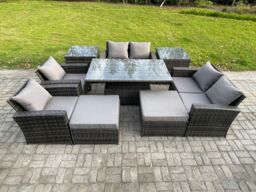 Fimous Outdoor Garden Furniture Sets 9 Pieces Wicker Rattan Furniture Sofa Dining Table Set with 2 Big Footstool 2 Side Tables in Dark Grey - thumbnail 1
