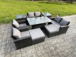 Fimous Outdoor Garden Furniture Sets 9 Pieces Wicker Rattan Furniture Sofa Dining Table Set with 2 Big Footstool 2 Side Tables in Dark Grey - thumbnail 2