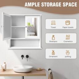 VOGREX White MDF Mirrored 2-Door Bathroom Wall Storage Cabinet - thumbnail 4