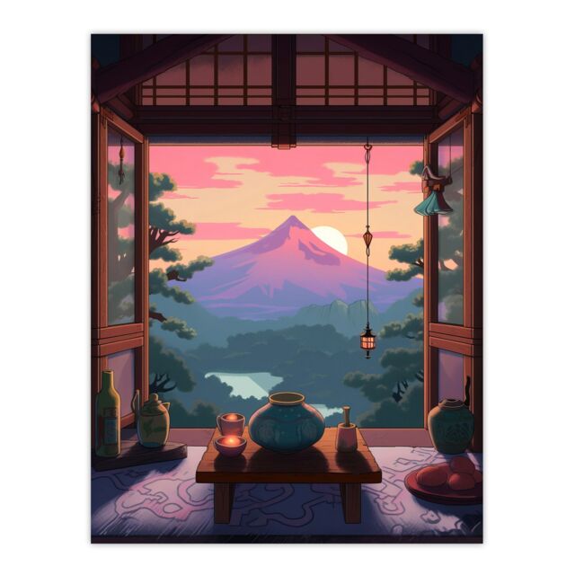 Artery8 Wall Art Print Mount Fuji View from House Patio Colourful Painting Traditional Tea Ceremony Japan Hospitality Sunset Mountain Landscape - image 1