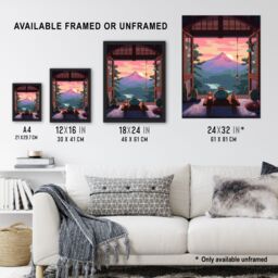 Artery8 Wall Art Print Mount Fuji View from House Patio Colourful Painting Traditional Tea Ceremony Japan Hospitality Sunset Mountain Landscape - thumbnail 3