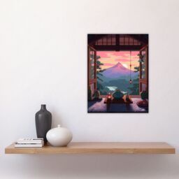 Artery8 Wall Art Print Mount Fuji View from House Patio Colourful Painting Traditional Tea Ceremony Japan Hospitality Sunset Mountain Landscape - thumbnail 4