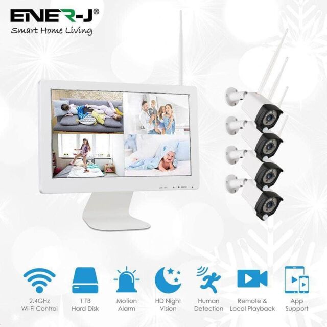 ENER-J Premium Wireless CCTC Kit with 4 x Outdoor Bullet Cameras, 15.6 monitor & 8CH NVR with 1TB HDD pre installed in White - image 1