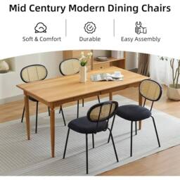 VOGREX Dining Chairs Set of 2 Mid-Century Kitchen Chair w Rattan in Black - thumbnail 4