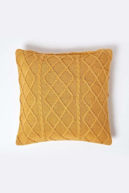 Homescapes Diamond Cable Knit Cushion Cover in Mustard - Size: 45 cm x 45 cm - image 1