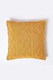 Homescapes Diamond Cable Knit Cushion Cover in Mustard - Size: 45 cm x 45 cm - thumbnail 1