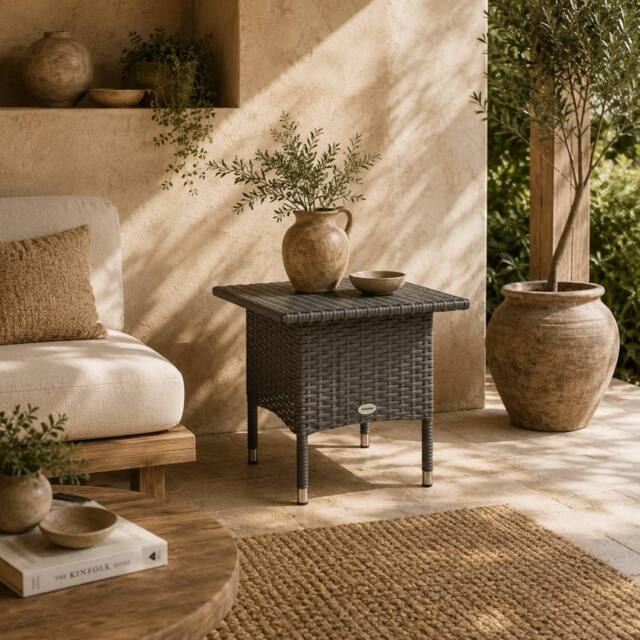 Wyld Haus Nari Grey Rattan Outdoor Side Table with Woven Top - image 1