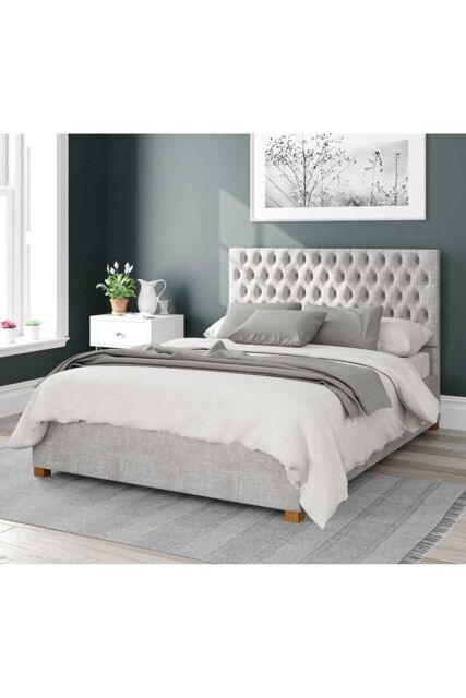 Aspire Nightingale Upholstered Ottoman Storage Bed, Pure Pastel Cotton Fabric in Grey - Size: Double - image 1