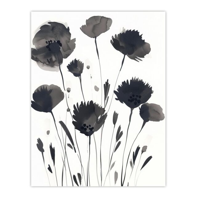 "Artery8 Abstract Flowers Black White Floral Watercolour Wall Art Print in Grey - Size: W18"" x H24""" - image 1