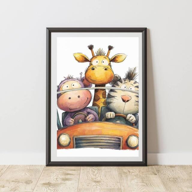60 SECOND MAKEOVER Safari Animals In A Car Print Wall Art Poster - Size: A4 - image 1