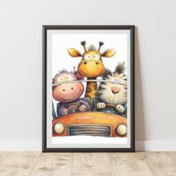 60 SECOND MAKEOVER Safari Animals In A Car Print Wall Art Poster - Size: A4 - thumbnail 1