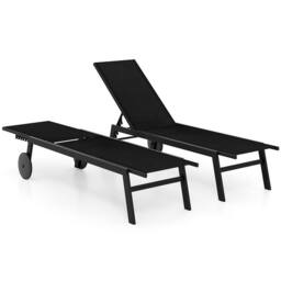 Costway 2PCS Patio Sun Lounger Chairs w/ Wheels Outdoor Recliner Chairs in Black - thumbnail 2