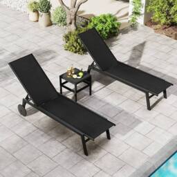 Costway 2PCS Patio Sun Lounger Chairs w/ Wheels Outdoor Recliner Chairs in Black - thumbnail 1