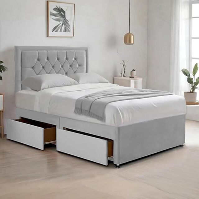 "Bed Time UK Plush Divan Bed with Mattress, 2 Drawers & 20"" Chesterfield Headboard in Silver - Size: Single" - image 1