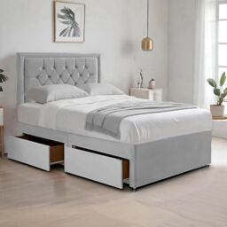 "Bed Time UK Plush Divan Bed with Mattress, 2 Drawers & 20"" Chesterfield Headboard in Silver - Size: Single" - thumbnail 1