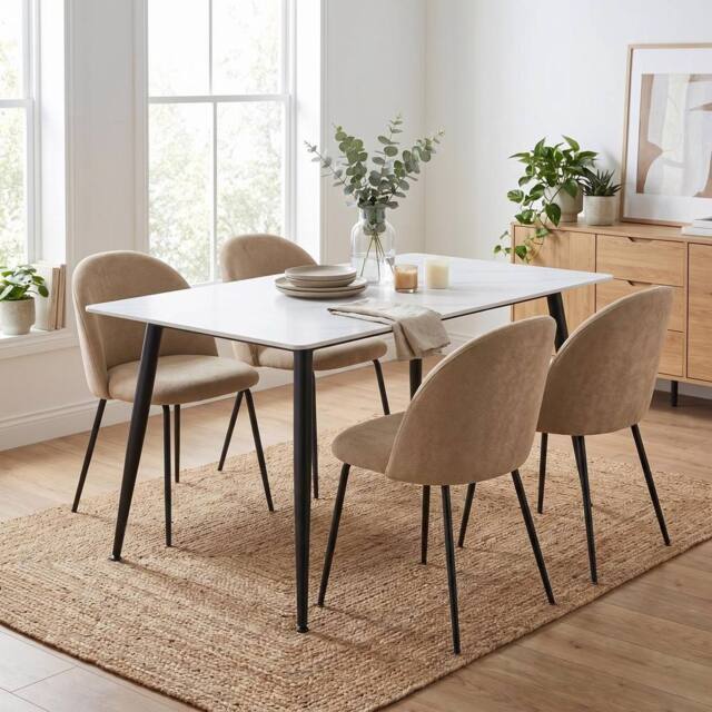 FWStyle Monaco 5 Piece White Sintered Stone Dining Set Flaxen Linen Chairs - image 1