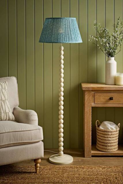 ValueLights Bobbin Leaf Printed Pleated Shade Cream Bobble Floor Lamp in Mid Blue - image 1