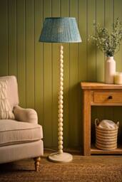 ValueLights Bobbin Leaf Printed Pleated Shade Cream Bobble Floor Lamp in Mid Blue - thumbnail 2
