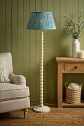 ValueLights Bobbin Leaf Printed Pleated Shade Cream Bobble Floor Lamp in Mid Blue