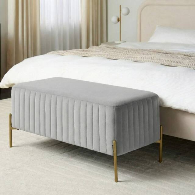 Wyld and Coco Velvet Grey Bench with Gold Metal Legs - 91 x 47 cm - image 1