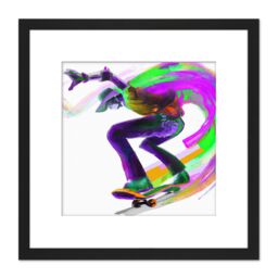 Artery8 Skater Skateboarding Modern Abstract Vivid Green Purple on White Square Wooden Framed Wall Art Print Picture 8X8 Inch in Black - thumbnail 1