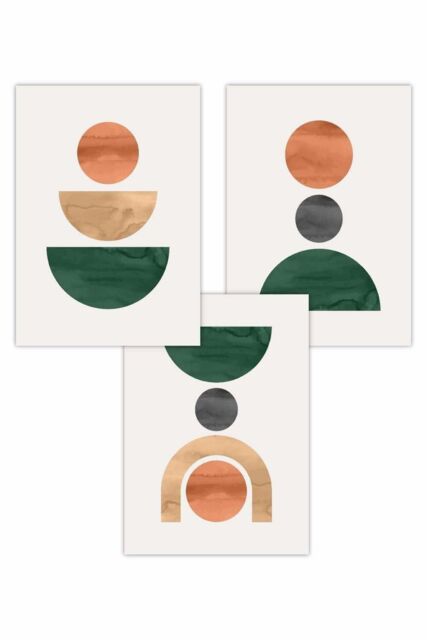 ARTZE Set of 3 Mid Century Graphical Shapes in Green Orange Yellow Art Posters - Size: W50 cm x H70 cm - image 1