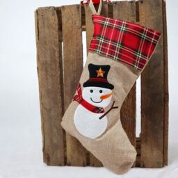 Shatchi Large Xmas Stocking Printed Pattern Burlap Hessian Linen Sack Sock Hanging Bags Snowman 26x25cm in Brown - Size: 26x25 cm - thumbnail 2